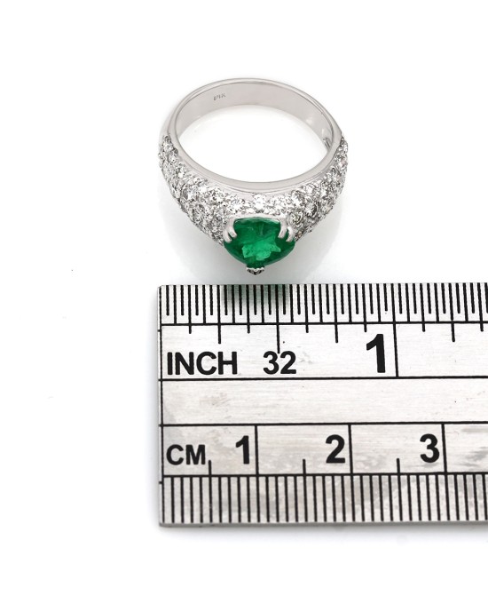 Heart Shape Emerald Ring with Pave Round Diamonds in 18k White Gold
